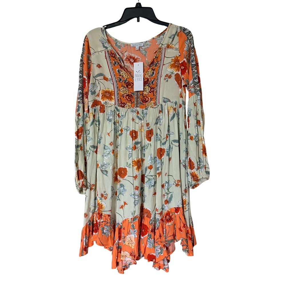 NWT Patrons of Peace SZ S Floral Boho Mini Dress Country Festival Long Sleeve - Picture 3 of 9